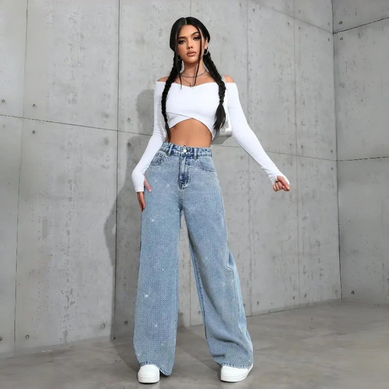Damen Elegante High-Waist Jeans im weiten Schnitt mit glitzerndem Detail R&B - Image 3