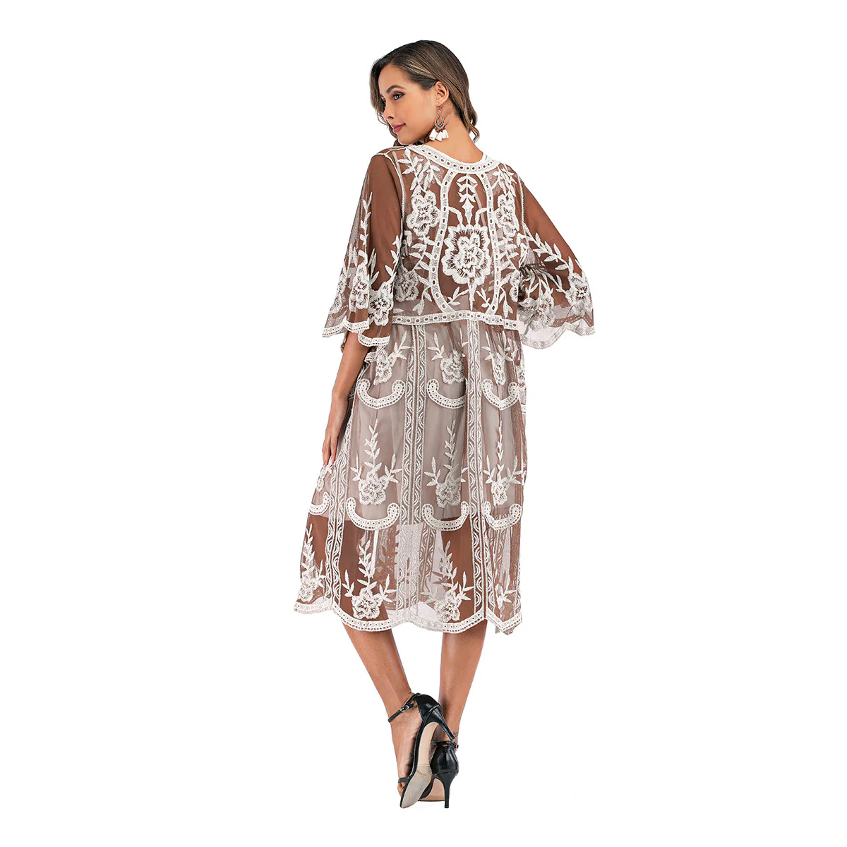 Damen elegante Häkel-Strandrobe mit voluminösen Ärmeln und floralem Design R&B - Image 7
