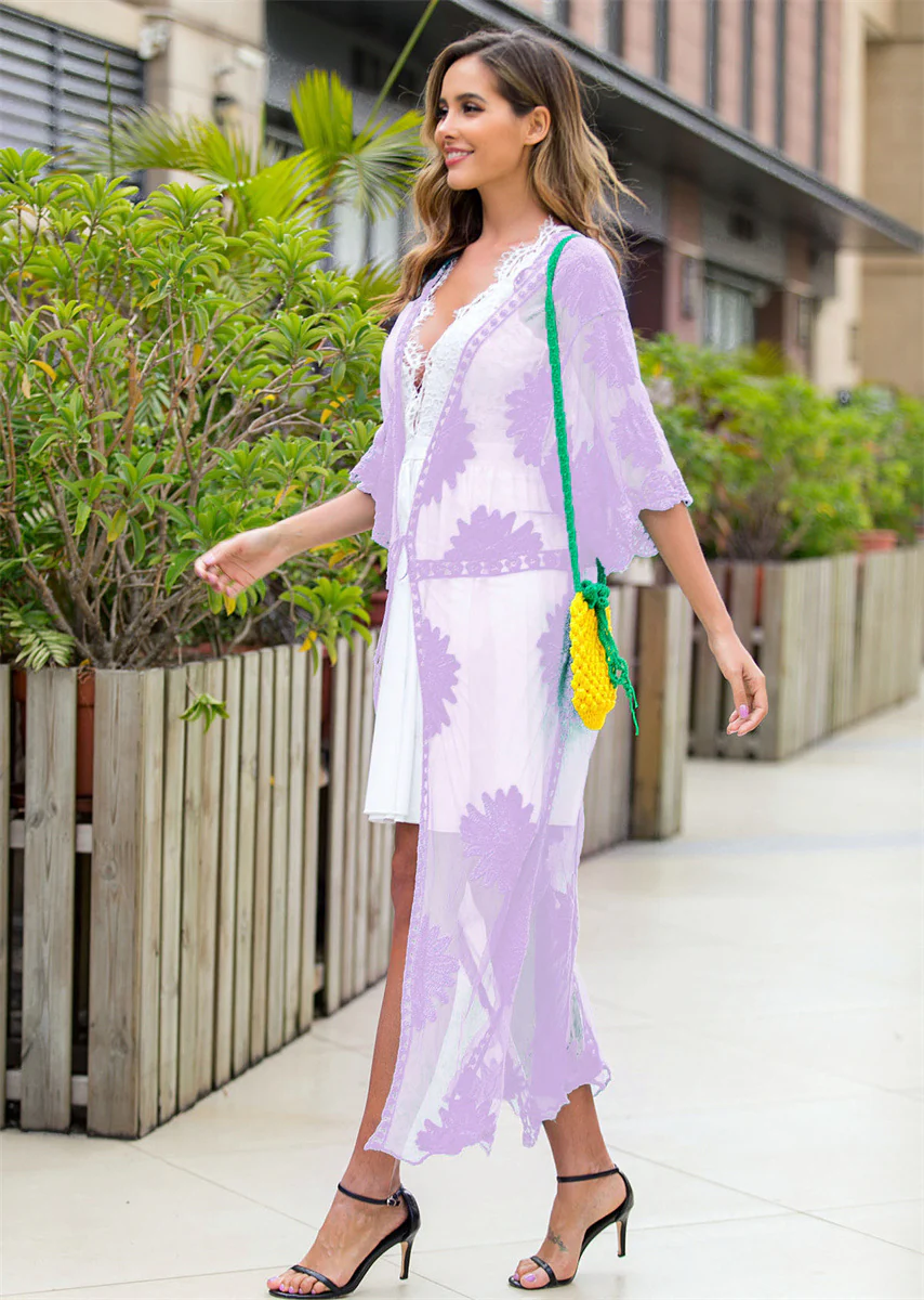 Damen elegante Häkel-Strandrobe mit floralen Details und tiefem V-Ausschnitt R&B - Image 4