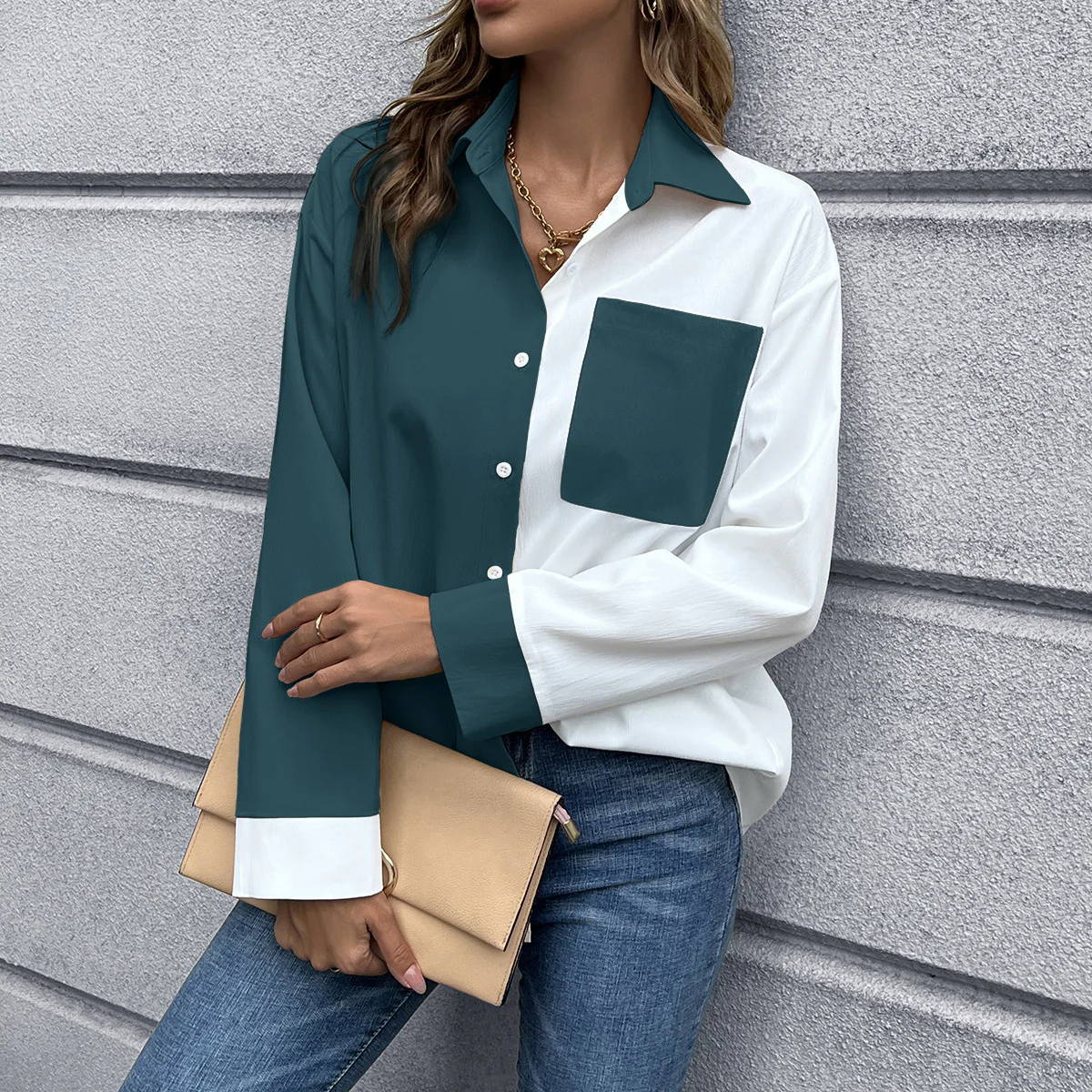 Damen Elegante Oversized Bluse mit Kontrastpaten R&B - Image 8
