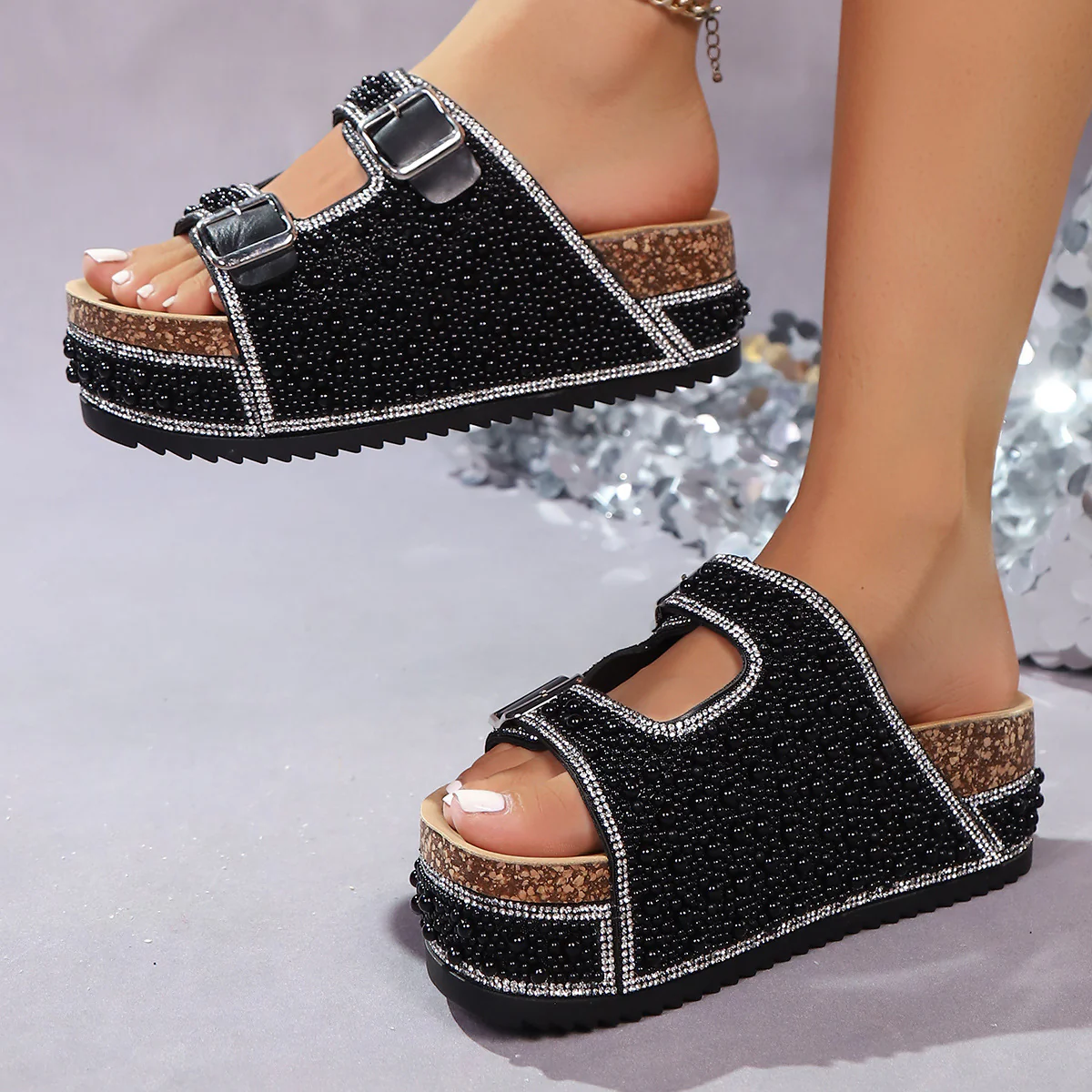 Damen elegante Riemchen-Sandalen mit glitzernden Applikationen und rutschfester Sohle R&B - Image 6