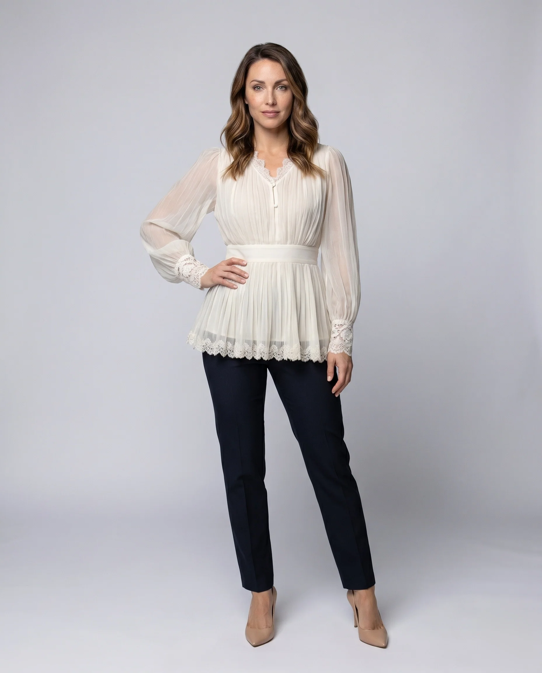 Damen Elegante Rüschenbluse mit Volants und Spitzenbesatz R&B