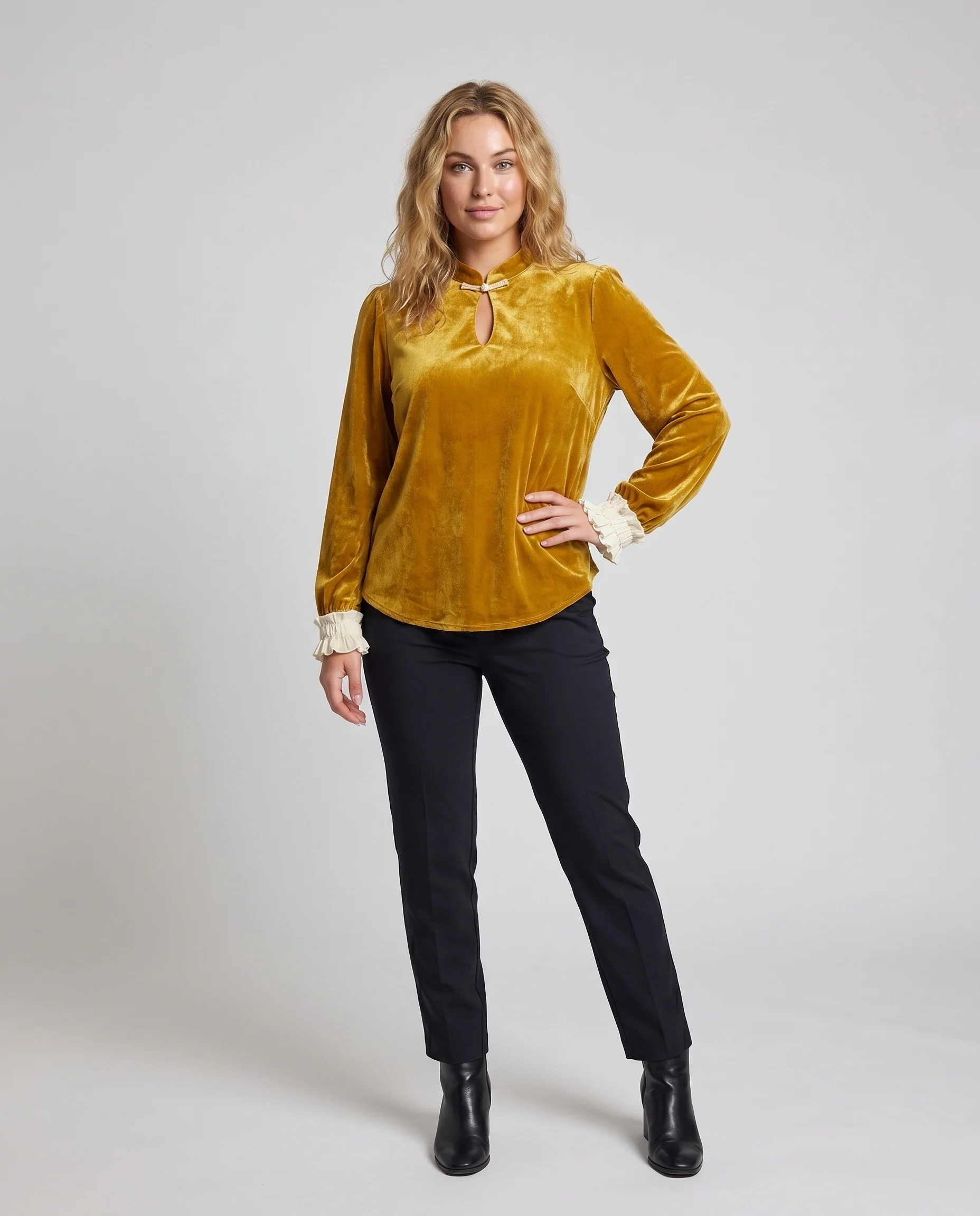 Damen Elegante Samtbluse mit schickem Stehkragen und Rüschenärmel R&B