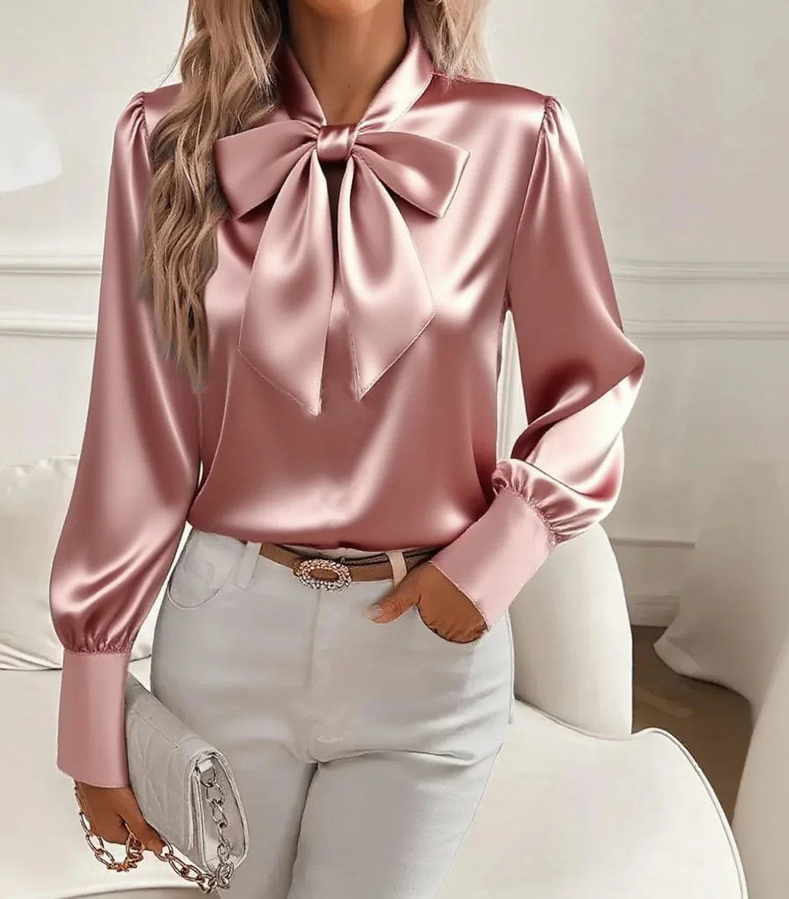 Damen elegante Satinbluse mit Schleifenkragen und Puffärmeln R&B - Image 8