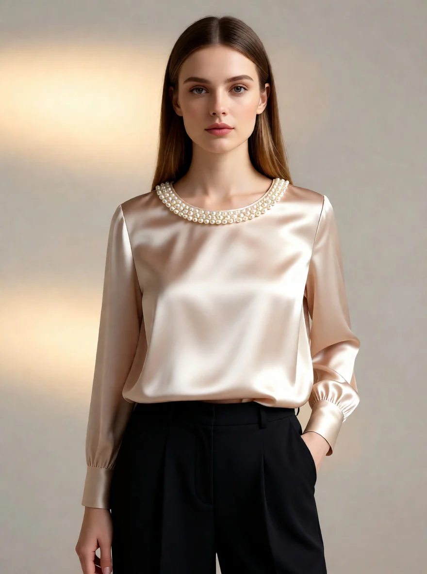 Damen elegante satinierte Bluse mit Perlenkragen R&B - Image 7
