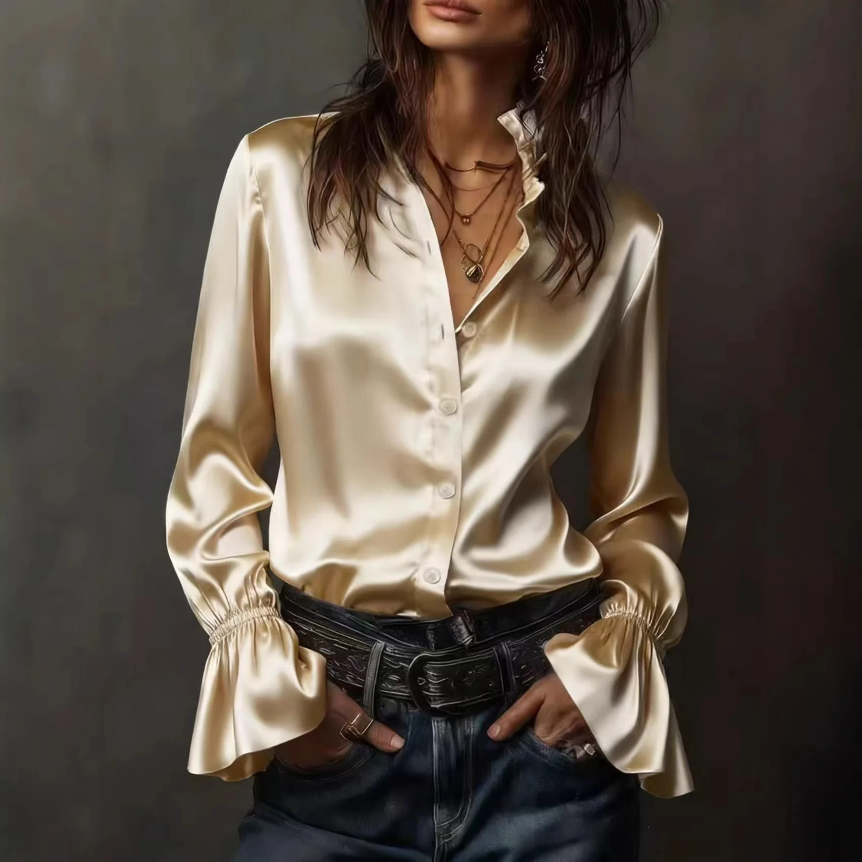 Damen Elegante Seidenbluse mit Raffungen an den Ärmeln R&B - Image 4