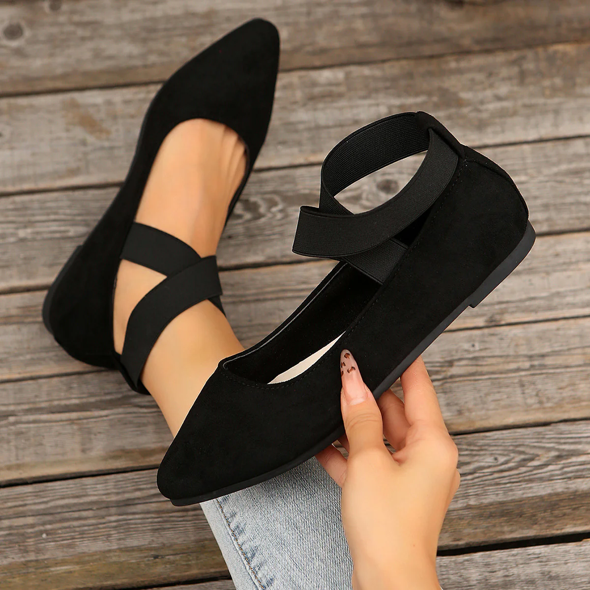 Damen elegante und bequeme Ballerinas mit verstellbarem Riemen R&B