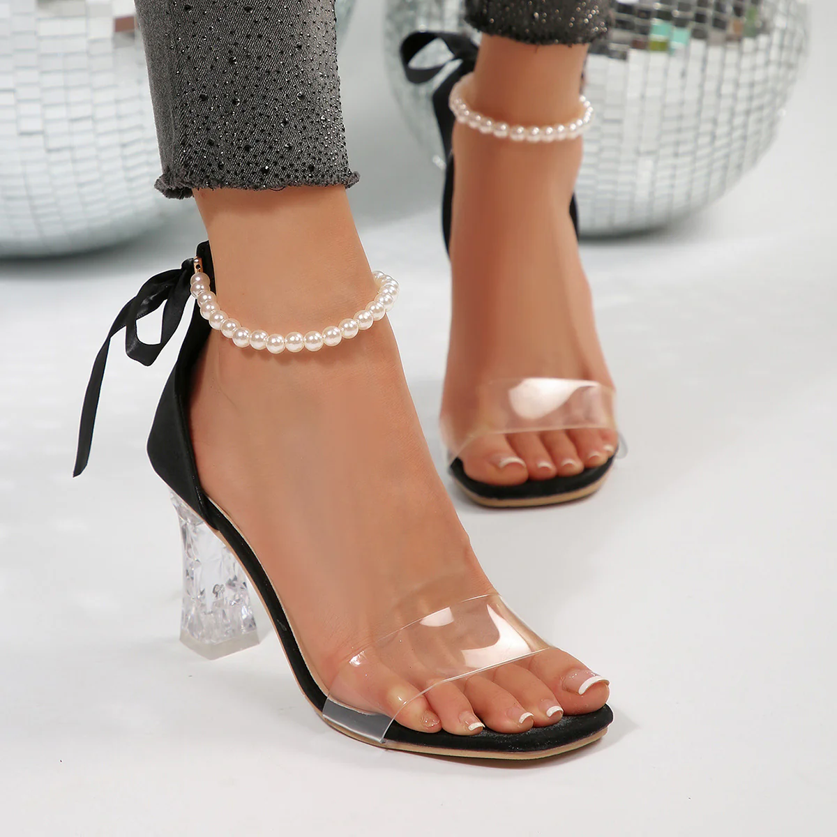 Damen Elegante und modische Sandaletten mit transparentem Riemchen und funkelndem Blockabsatz R&B - Image 2