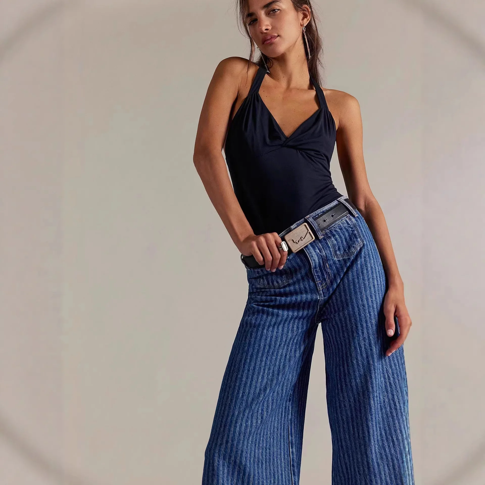 Damen Elegante weit geschnittene Jeans mit aufgenähten Streifen R&B - Image 4