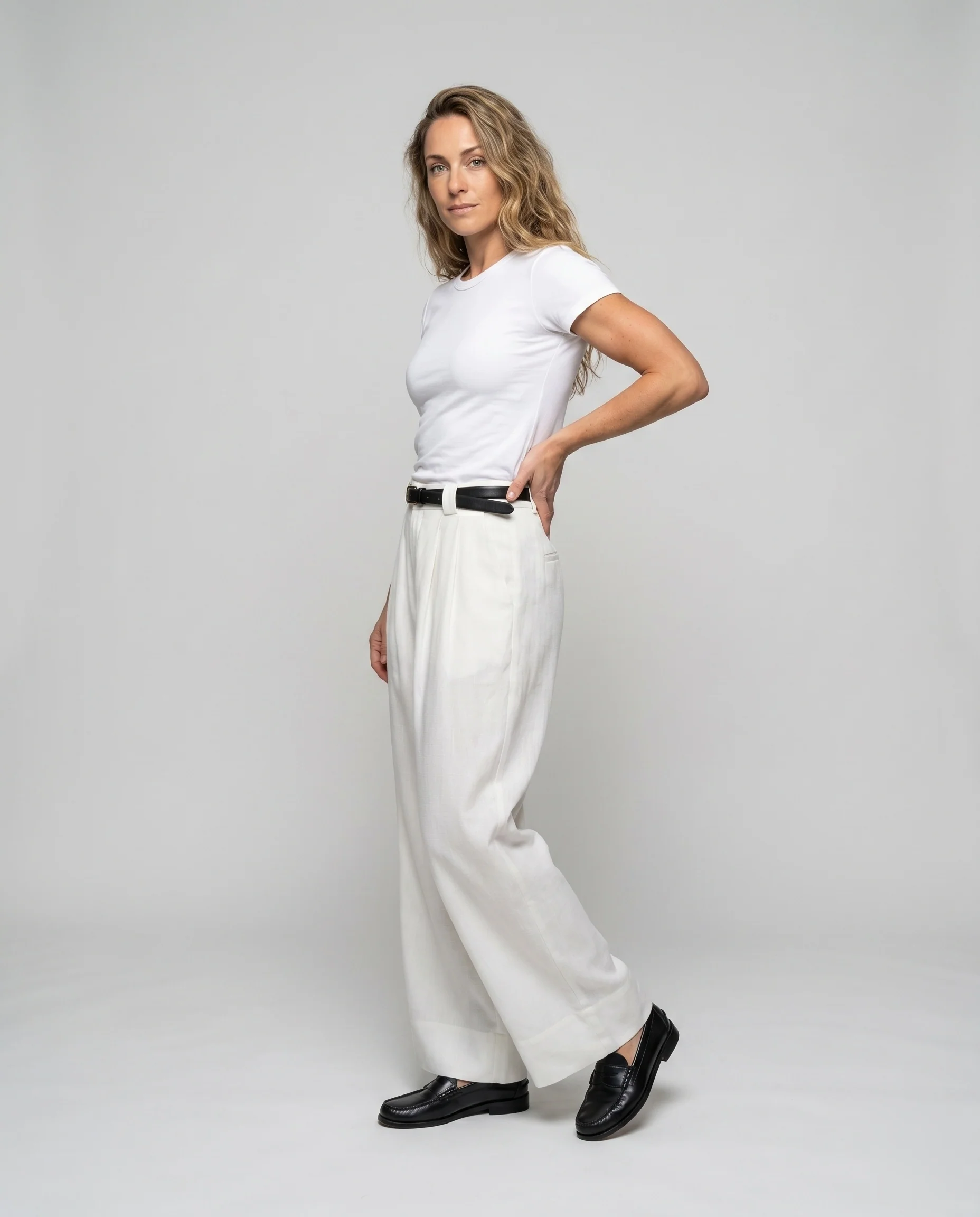 Damen elegante weite Leinenhose mit hochtailliertem Schnitt