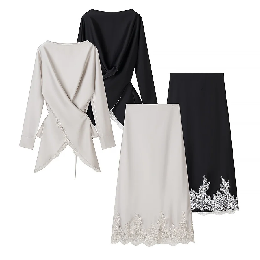 Damen elegante Wickelbluse mit Spitzenbesatz und passendem Rock R&B - Image 5