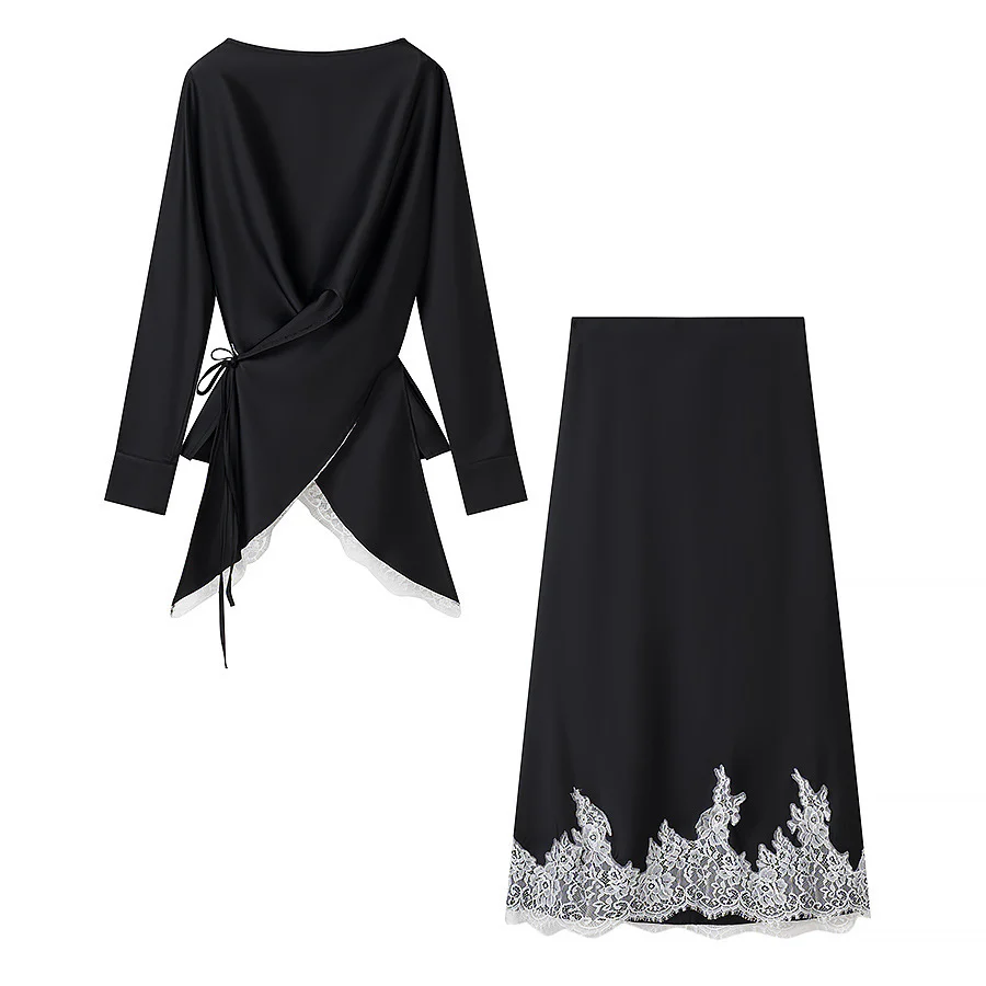 Damen elegante Wickelbluse mit Spitzenbesatz und passendem Rock R&B - Image 6