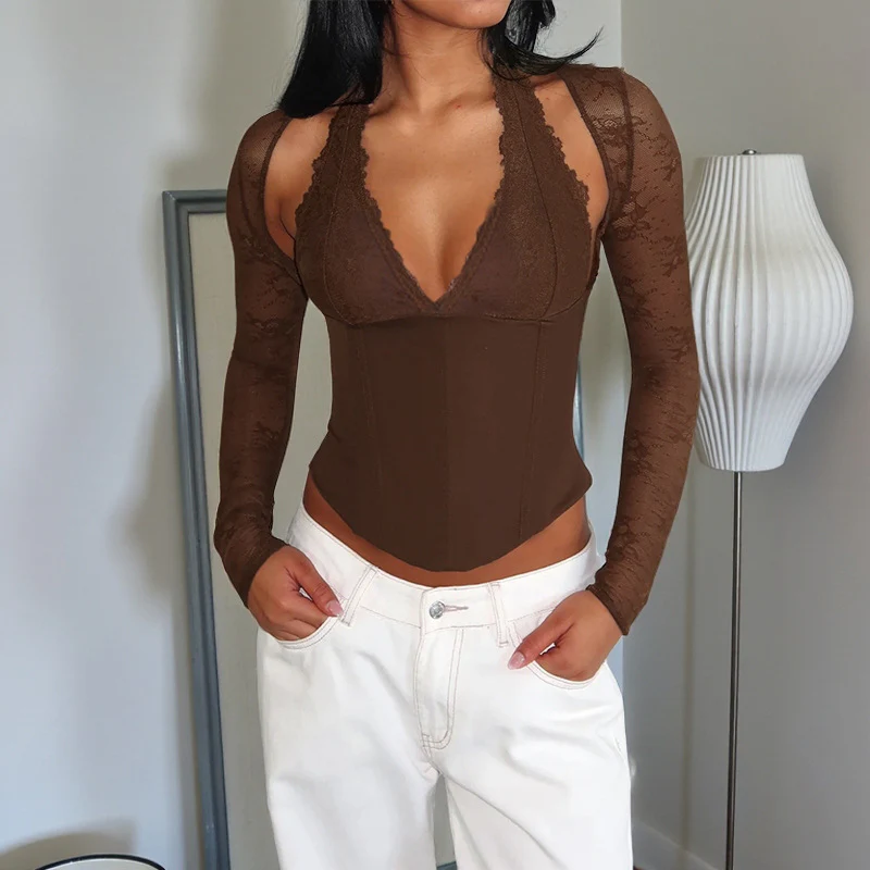 Damen eleganter Body mit Spitzendetails und tiefem V-Ausschnitt R&B - Image 3