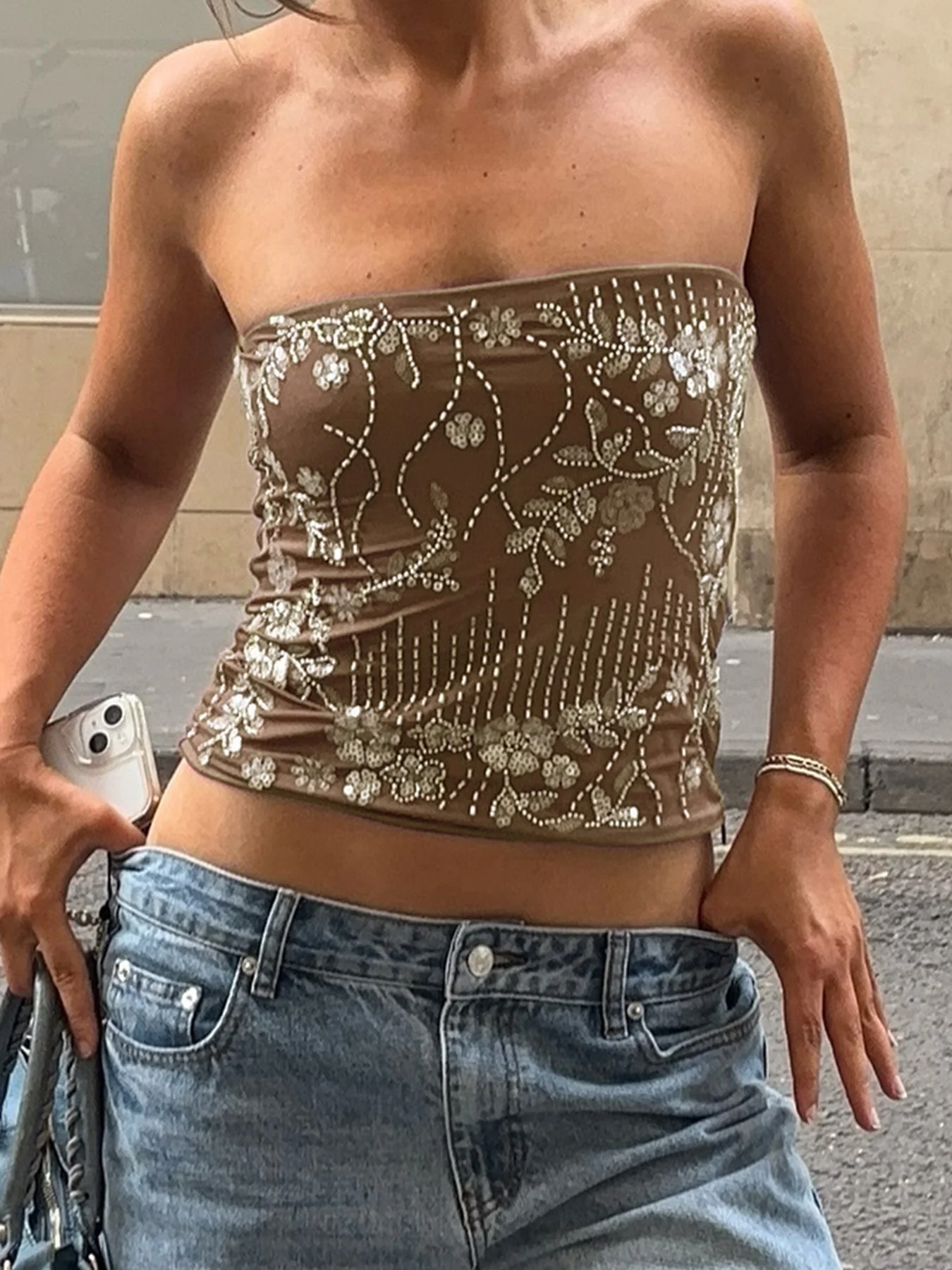 Damen eleganter Crop-Top mit Blumenstickerei und Pailletten R&B - Image 7