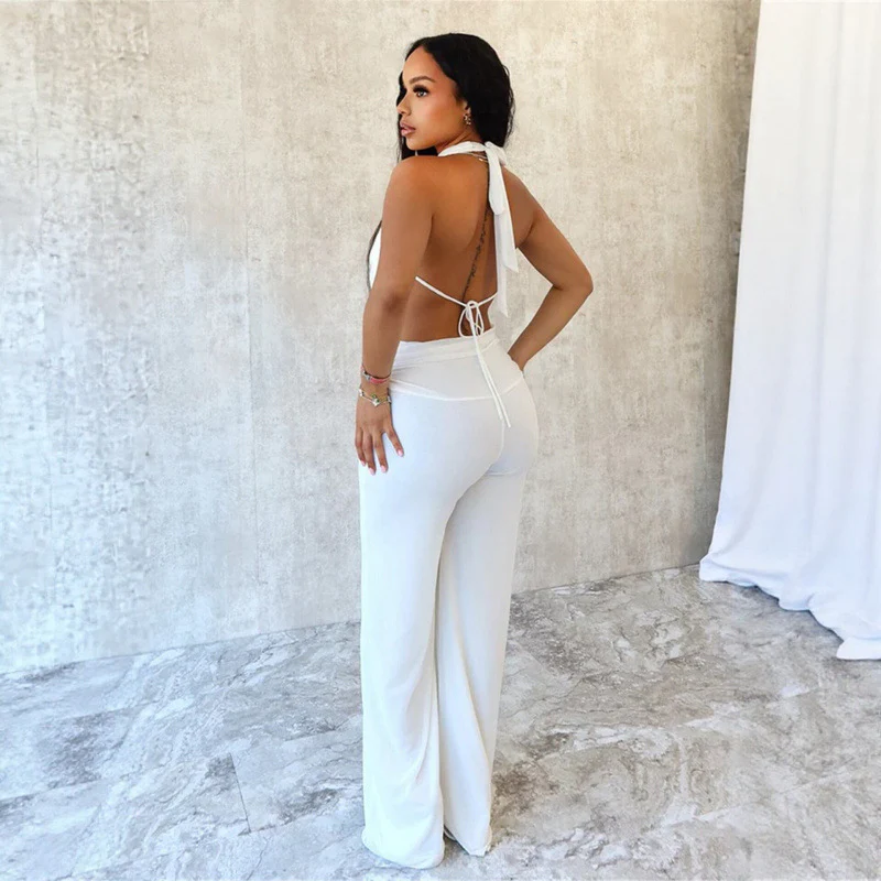 Damen Eleganter Deep-V Jumpsuit mit geschwungenem Rücken und weit geschnittenen Beinen R&B - Image 2