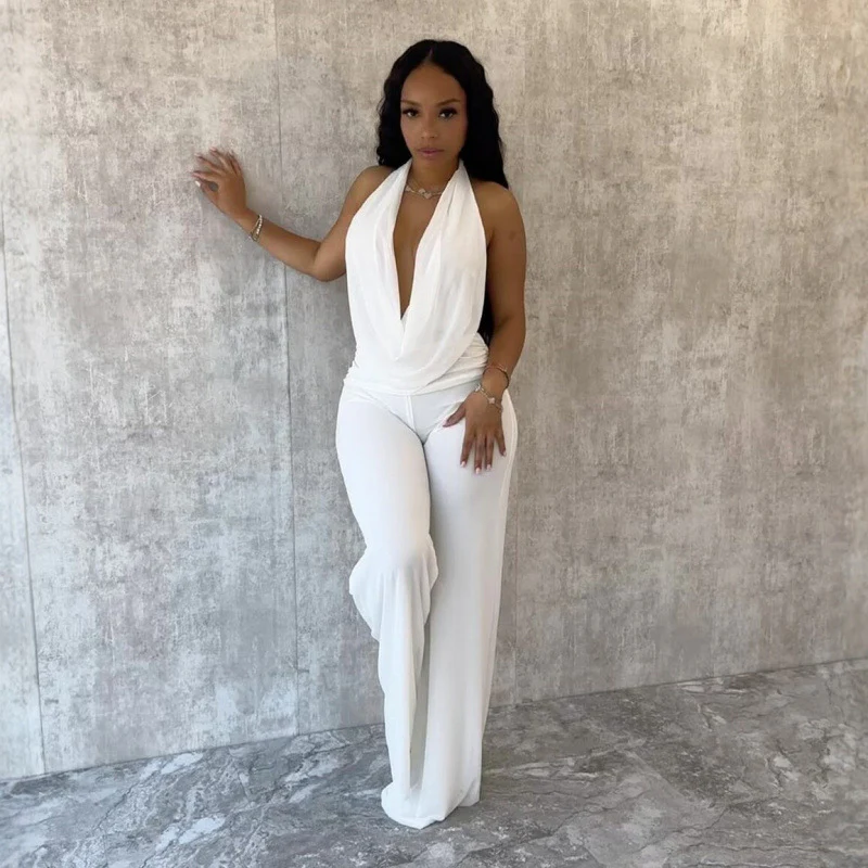 Damen Eleganter Deep-V Jumpsuit mit geschwungenem Rücken und weit geschnittenen Beinen R&B - Image 3