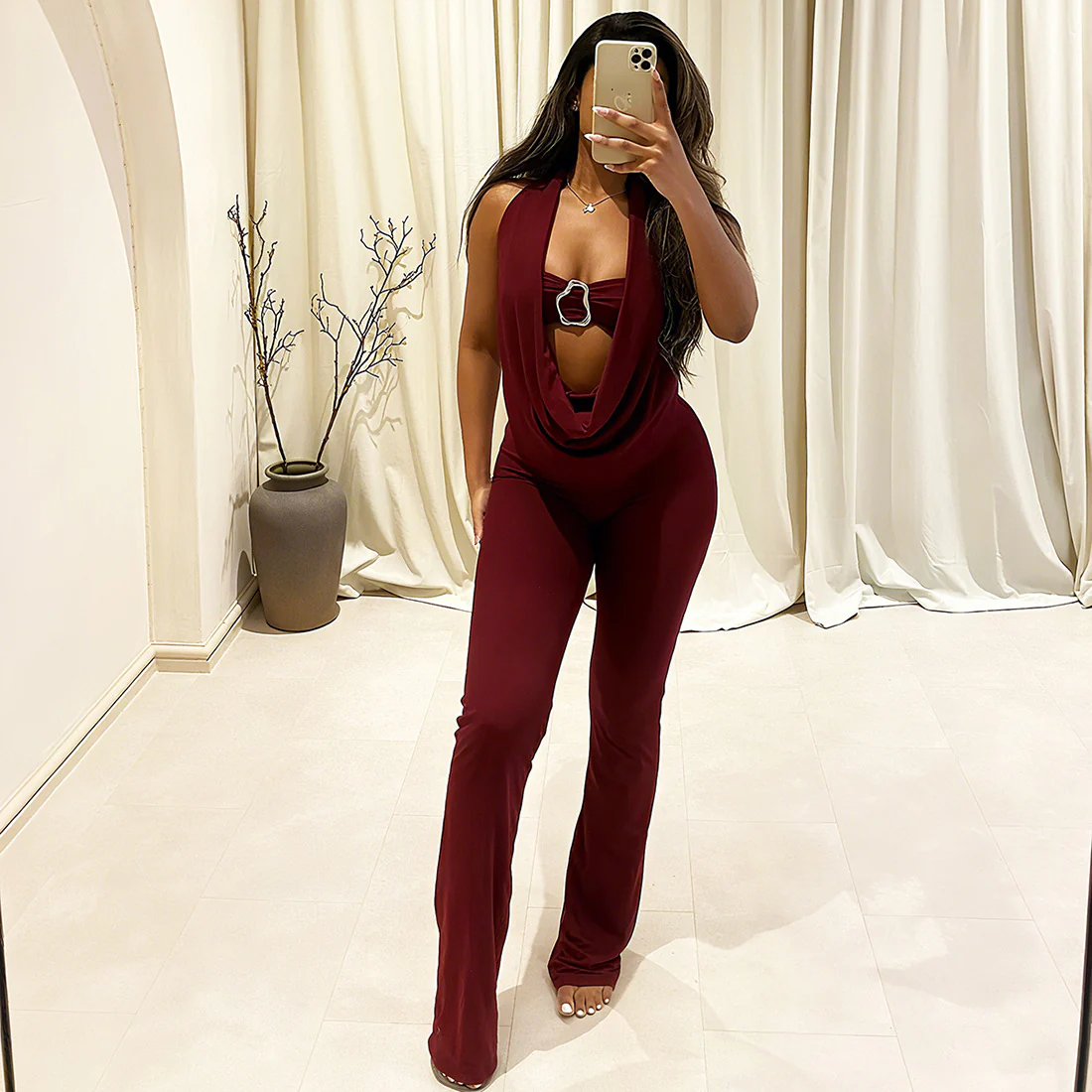 Damen Eleganter Jumpsuit mit anpassbarem Ausschnitt und schickem Gürtel R&B - Image 4