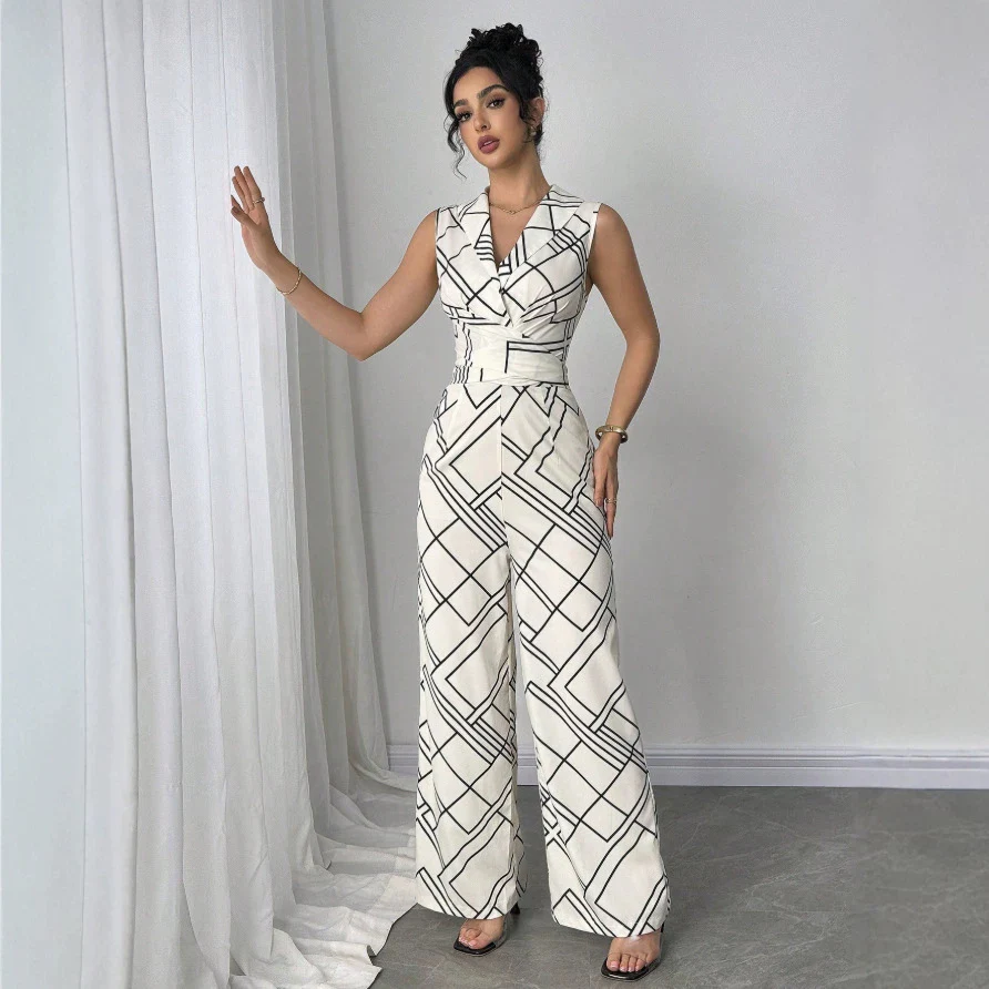 Damen Eleganter Jumpsuit mit geometrischem Muster und taillierter Passform R&B