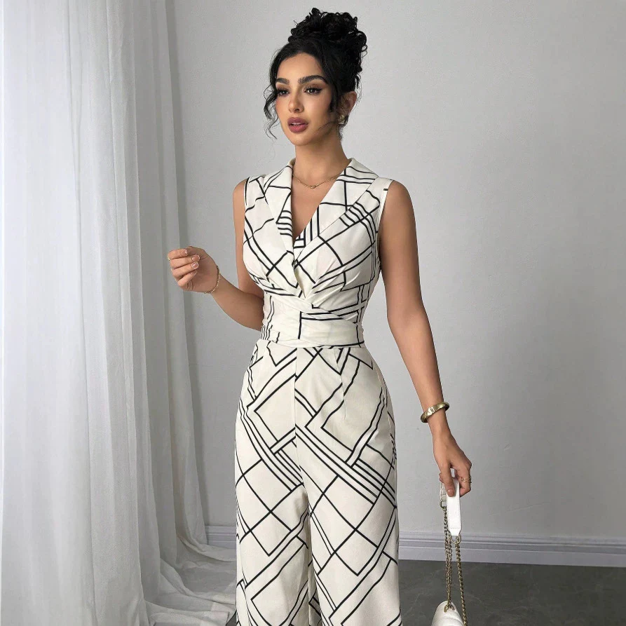 Damen Eleganter Jumpsuit mit geometrischem Muster und taillierter Passform R&B - Image 3