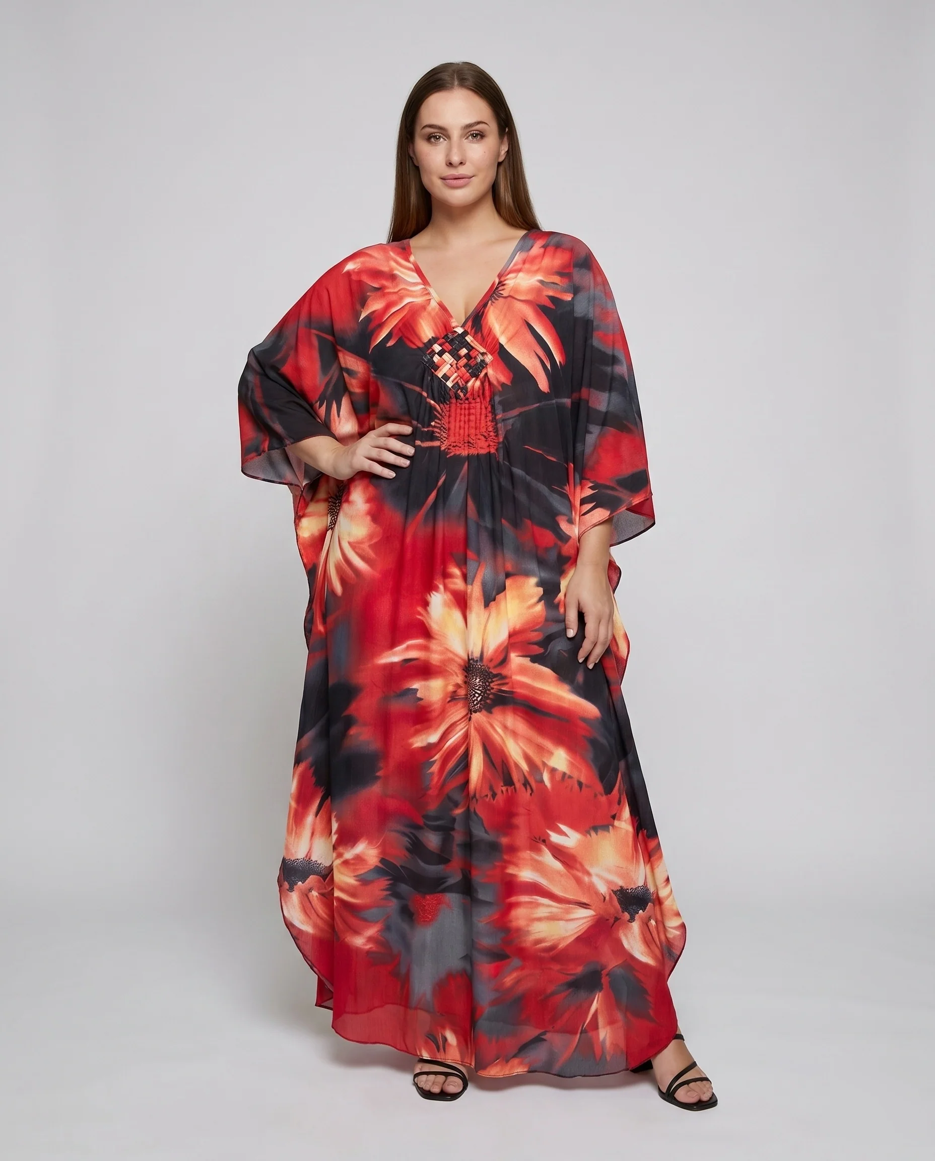 Damen eleganter Kaftan mit kunstvollem Federdesign R&B
