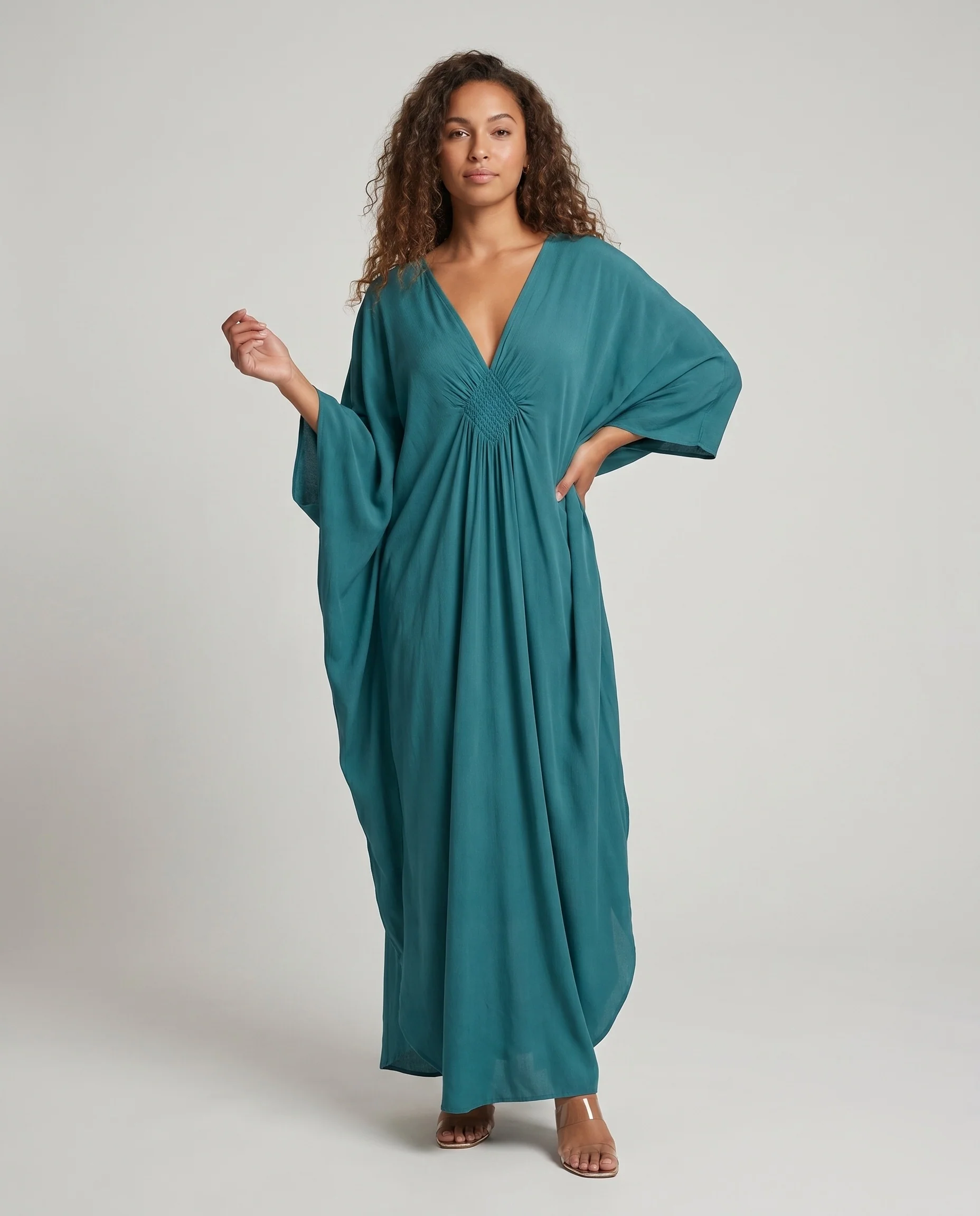 Damen eleganter Maxikleid mit tiefem V-Ausschnitt und seitlichen Schlitzen R&B