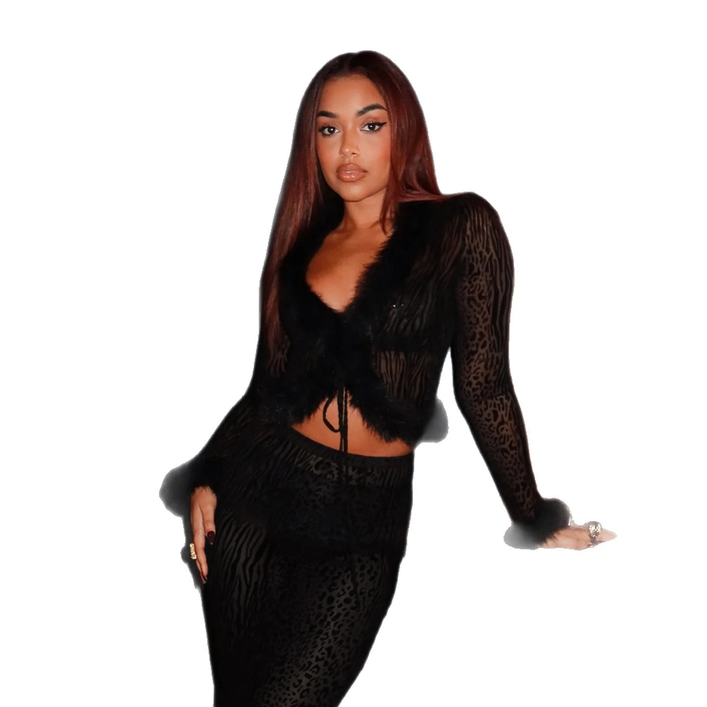 Damen eleganter Rock mit Tiermuster und luxuriösem Fellsaum R&B - Image 5