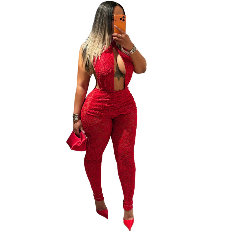 Damen Eleganter Spitzen-Jumpsuit mit tiefem V-Ausschnitt und tailliertem Design R&B - Image 5