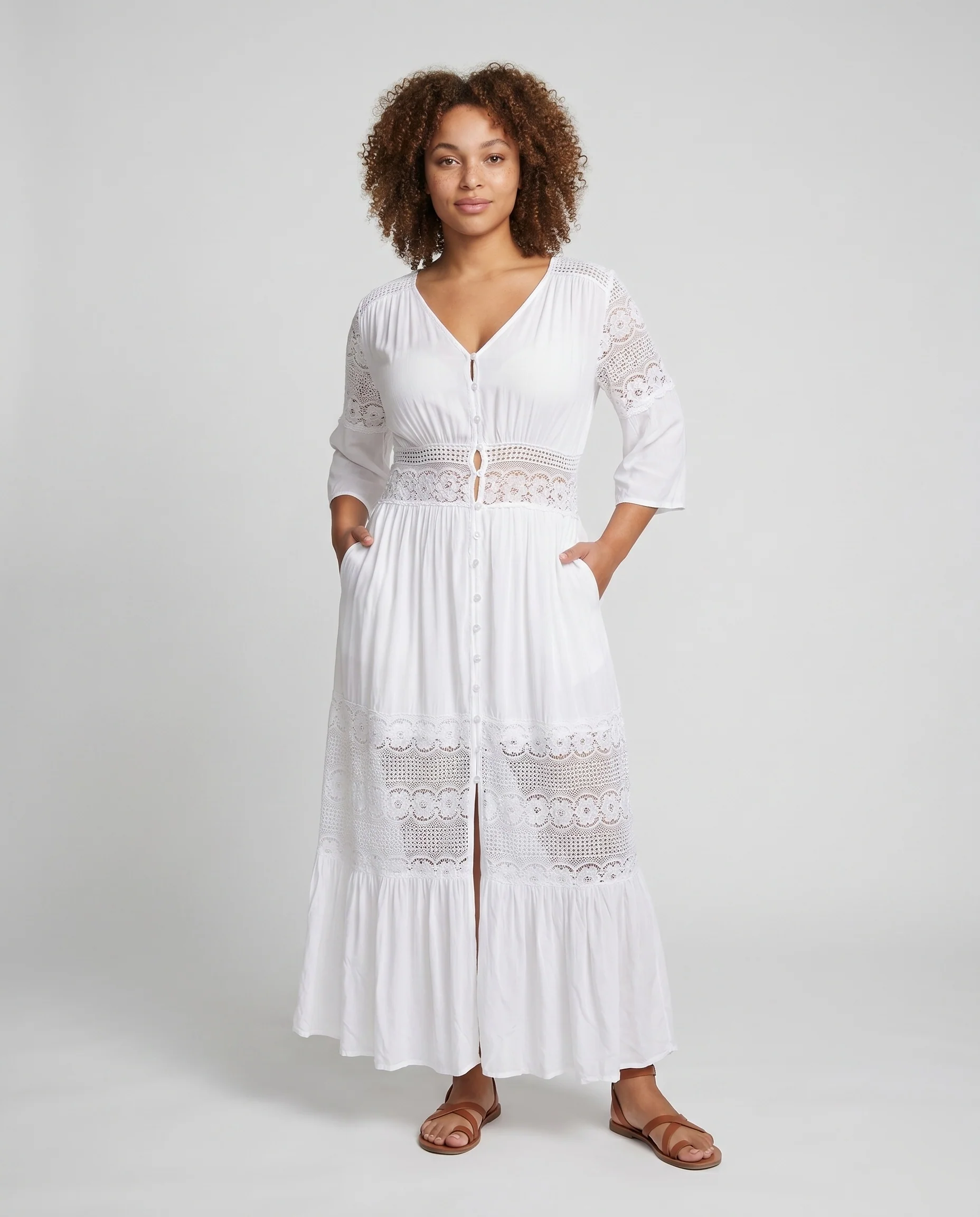 Damen Eleganter Strandüberwurf mit filigranen Knöpfen und V-Ausschnitt R&B
