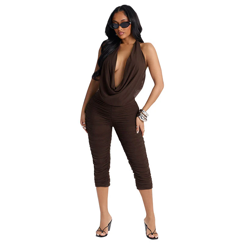 Damen Eleganter und figurbetonter Jumpsuit mit tiefem V-Ausschnitt und Raffungen R&B - Image 5