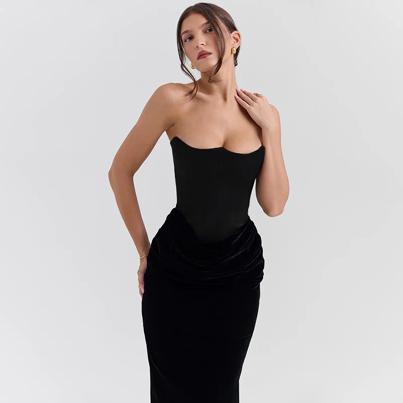 Damen elegantes A-Linien-Maxikleid mit gerafftem Oberteil und trägerlosem Design R&B - Image 3