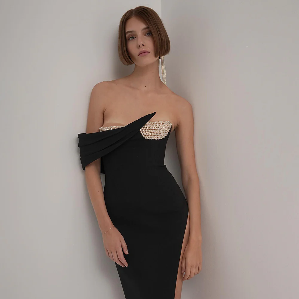 Damen Elegantes Abendkleid mit asymmetrischem Design und liebevollen Perlenakzenten Heidi-Mode