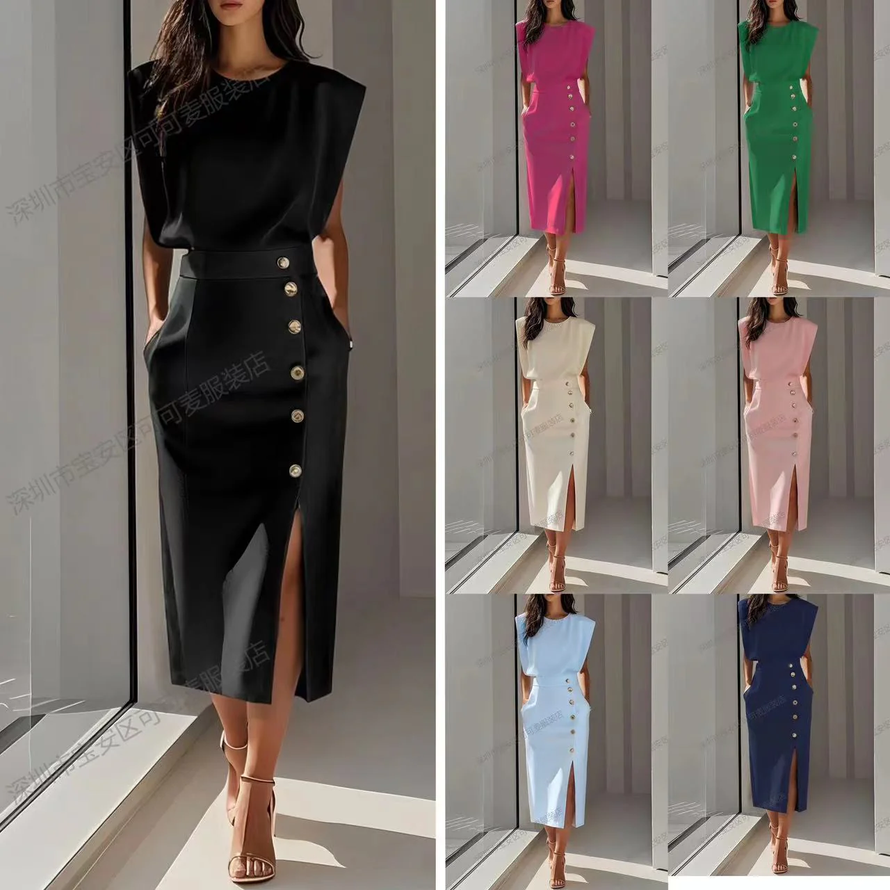Damen Elegantes Abendkleid mit hohen Schultern und seitlichem Schlitz R&B