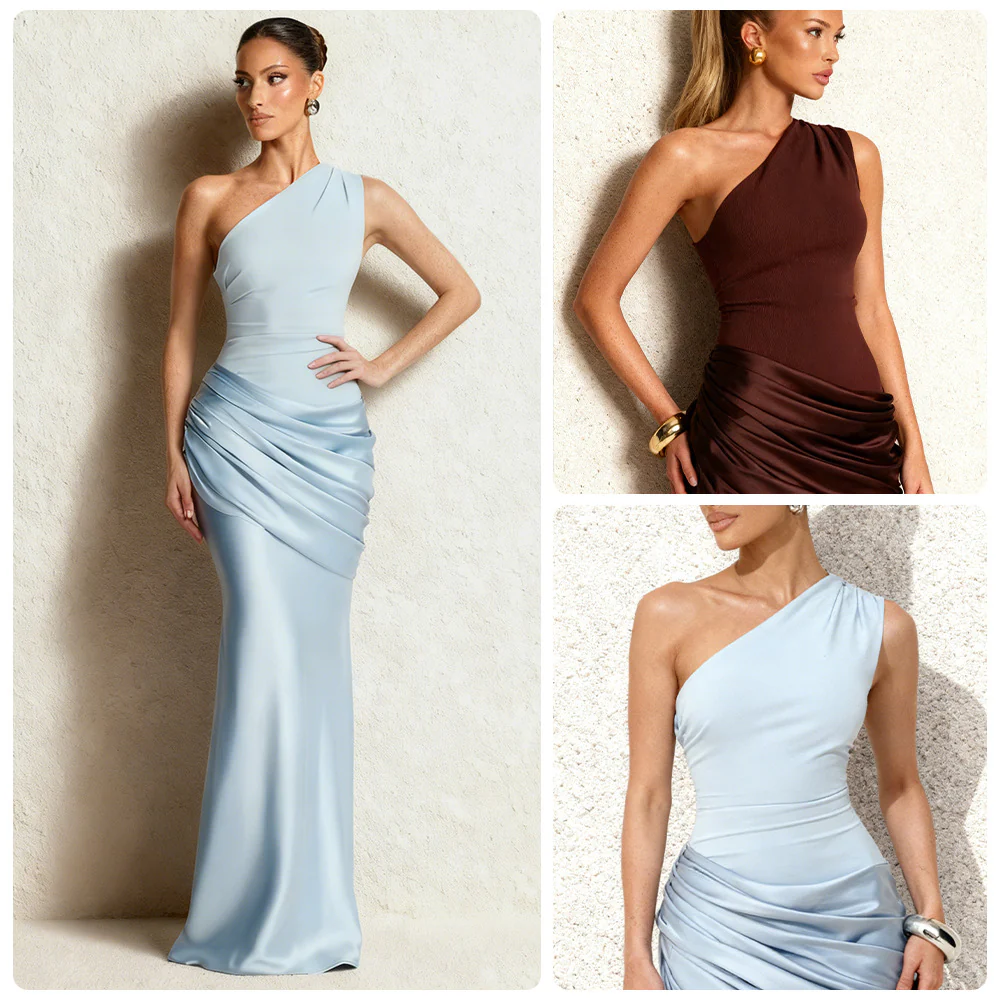 Damen Elegantes asymmetrisches Abendkleid mit fließendem Satin und raffiniertem Drapierungsdetail R&B