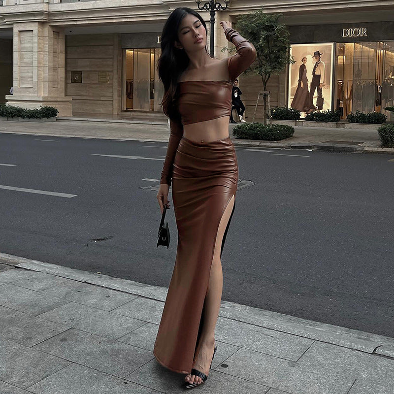 Damen elegantes asymmetrisches Cropped-Oberteil mit langen Ärmeln R&B - Image 3