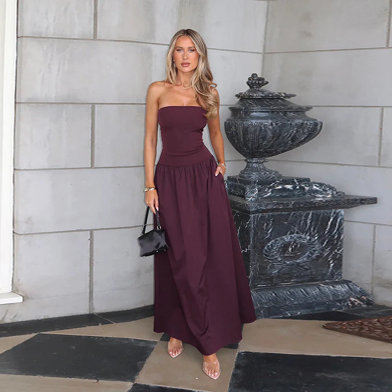 Damen elegantes Bandeau-Maxi-Kleid mit schwingendem Rock und elastischem Bund R&B - Image 7