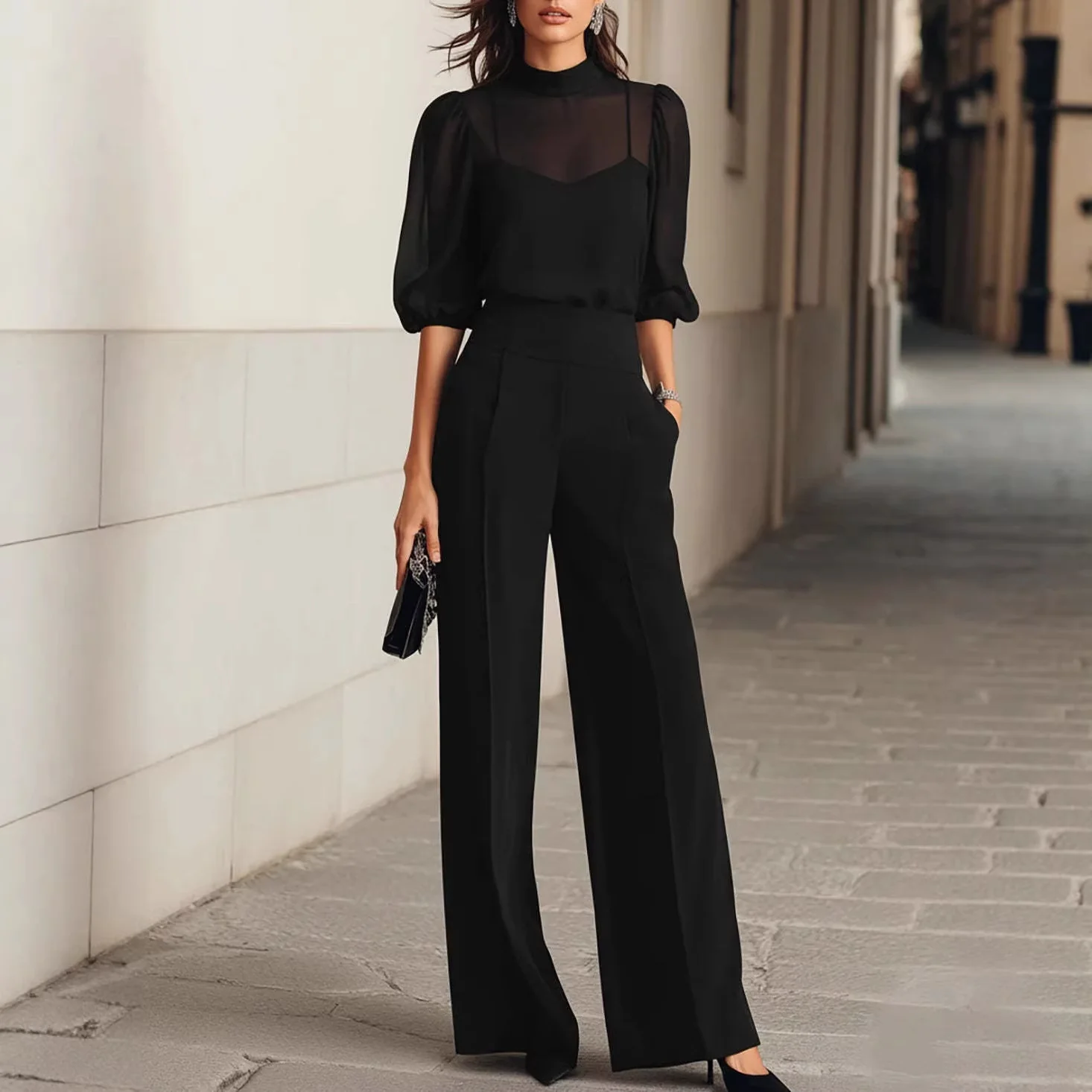 Damen elegantes Blusenset mit weiten Beinen und transparenten Ärmeln R&B