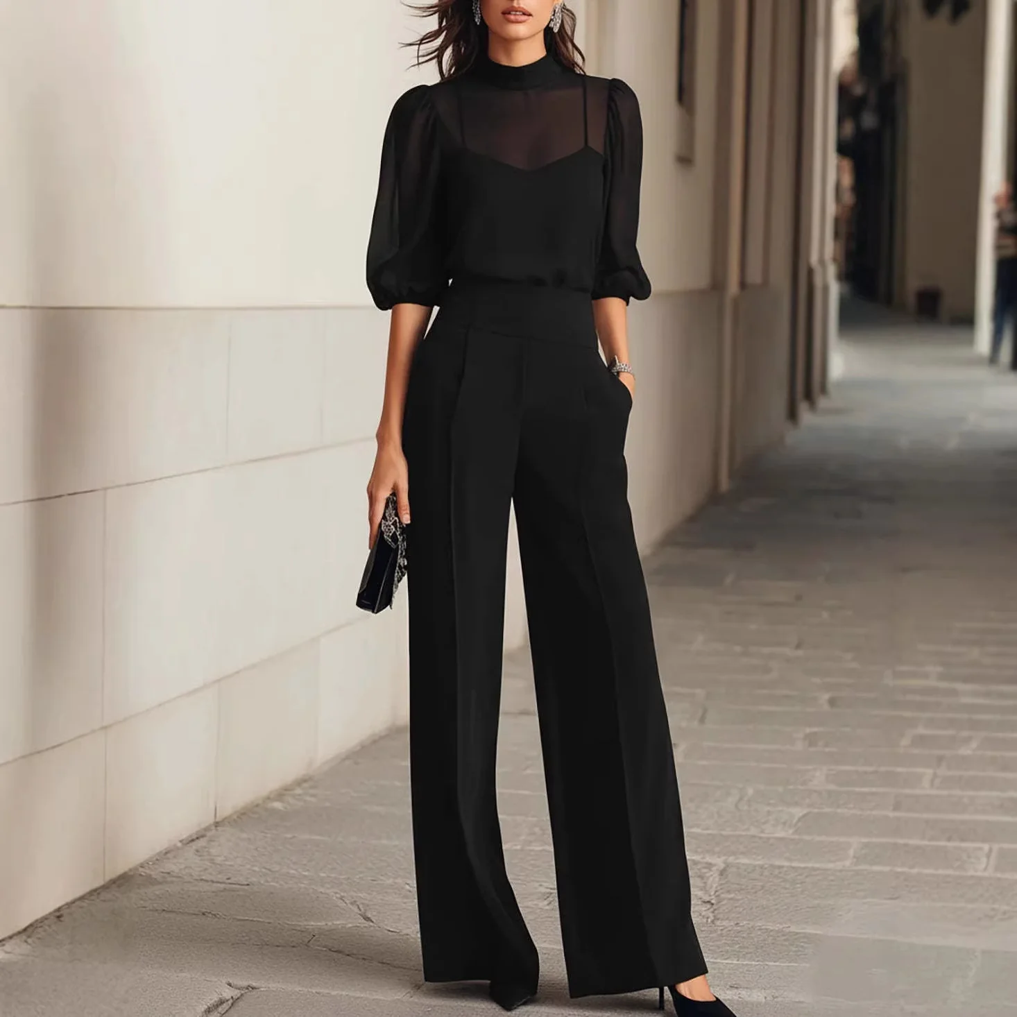 Damen elegantes Blusenset mit weiten Beinen und transparenten Ärmeln R&B - Image 3