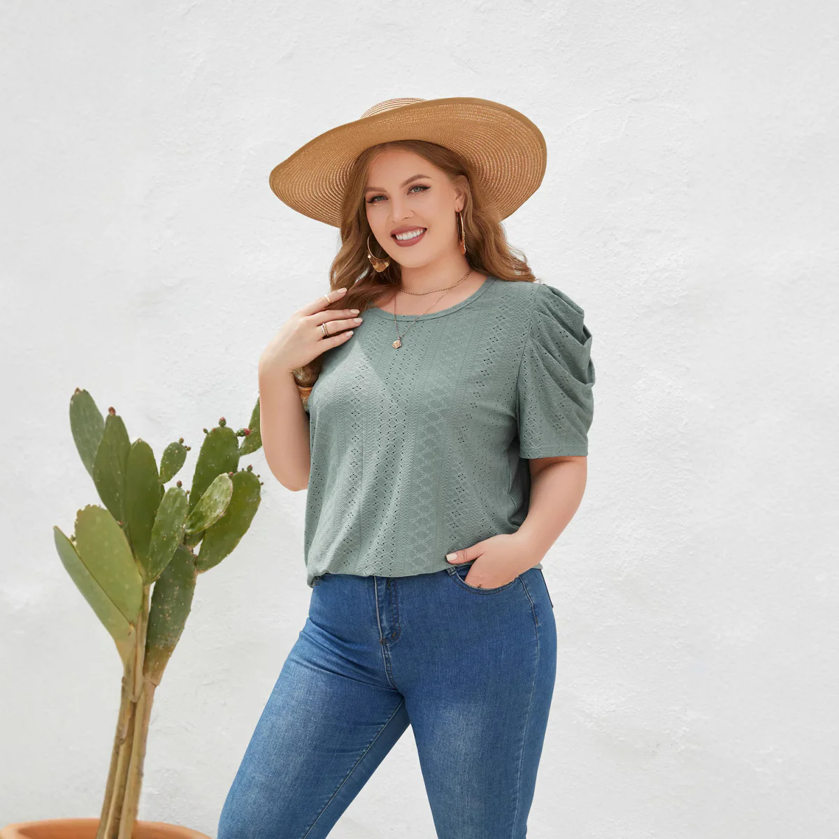 Damen Elegantes Blusenshirt mit Puffärmeln und Strukturmuster R&B - Image 3
