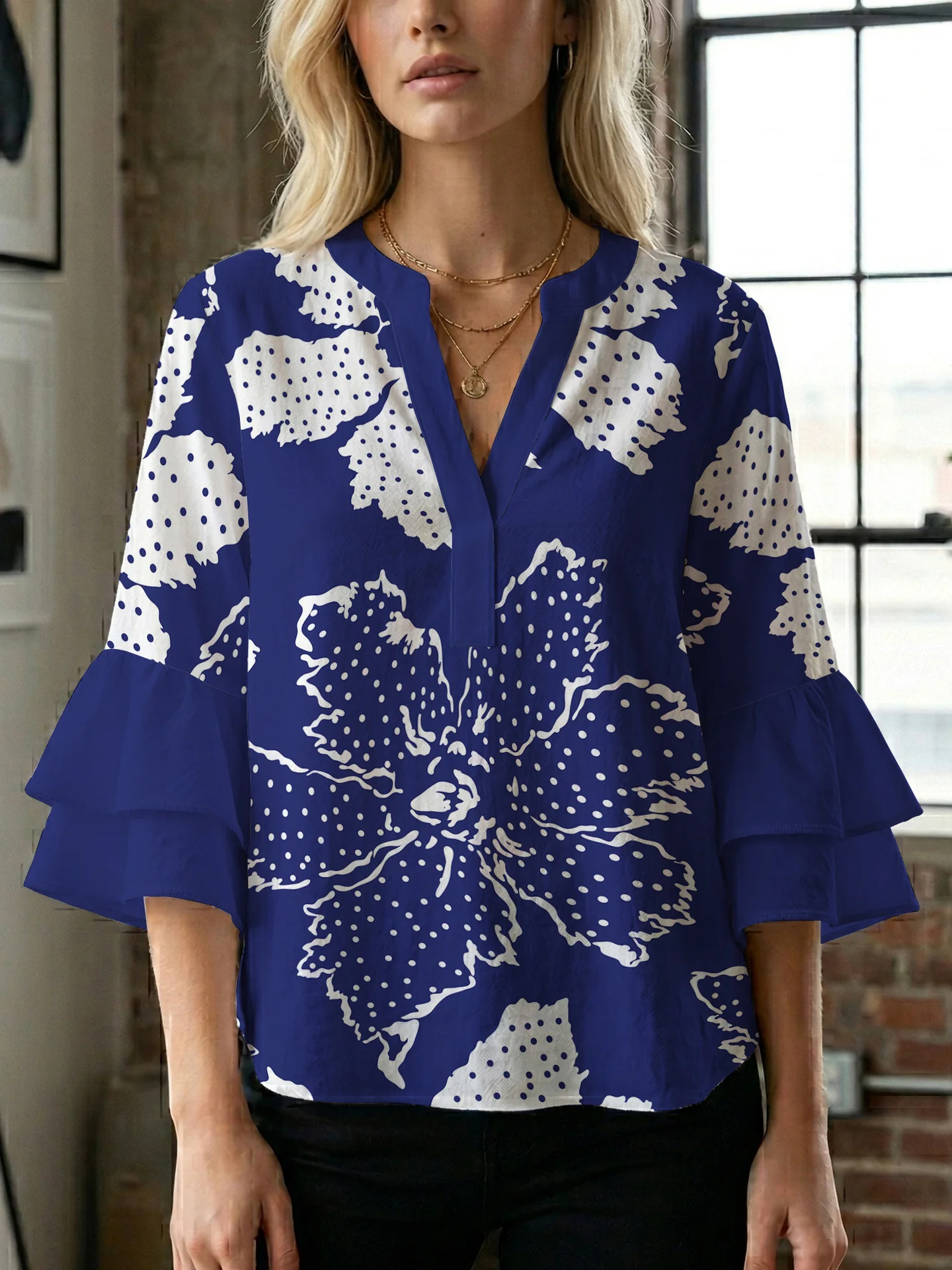 Damen elegantes Blusenshirt mit voluminösen Rüsenärmeln und grafischem Blumendesign R&B - Image 22
