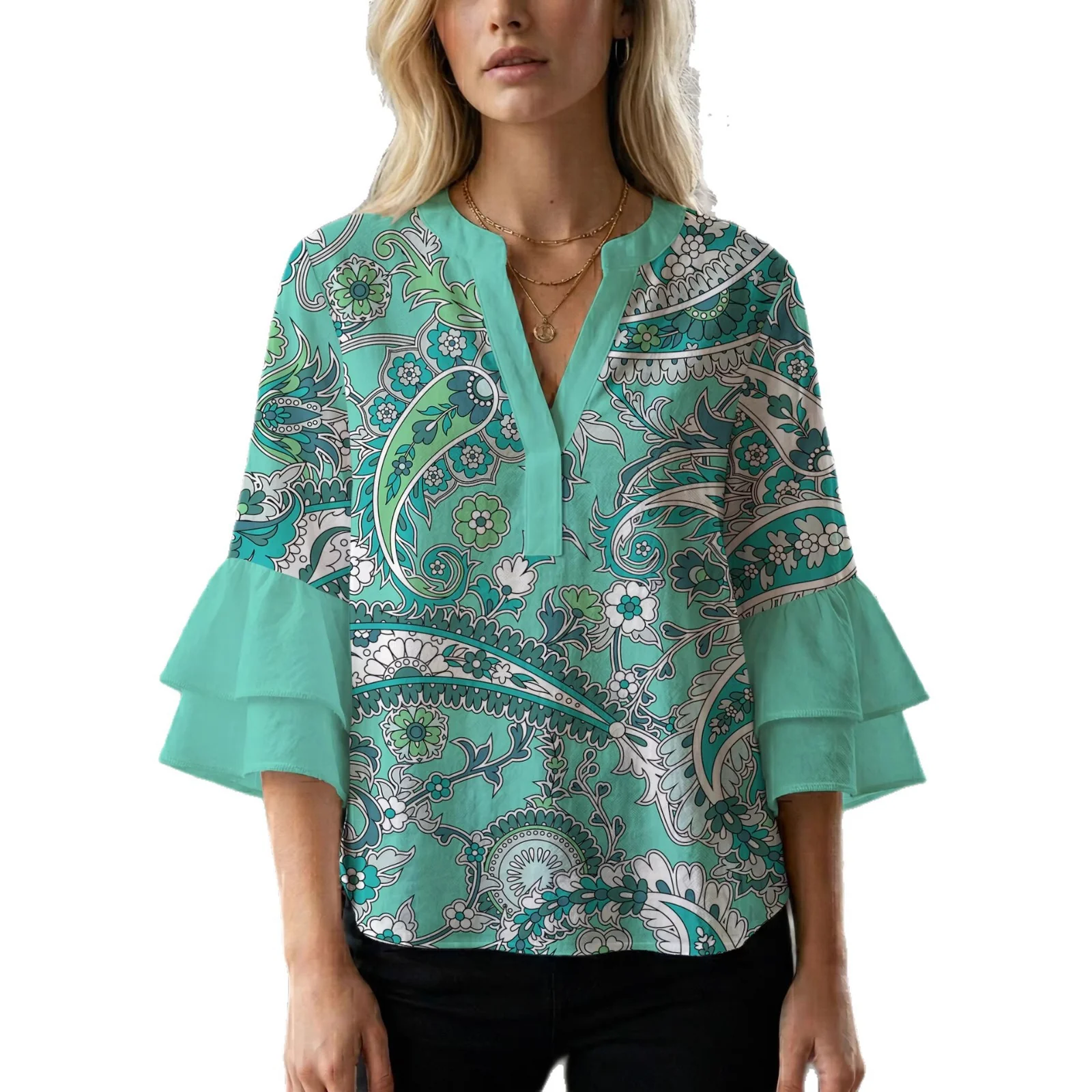 Damen elegantes Blusenshirt mit voluminösen Rüsenärmeln und grafischem Blumendesign R&B - Image 5
