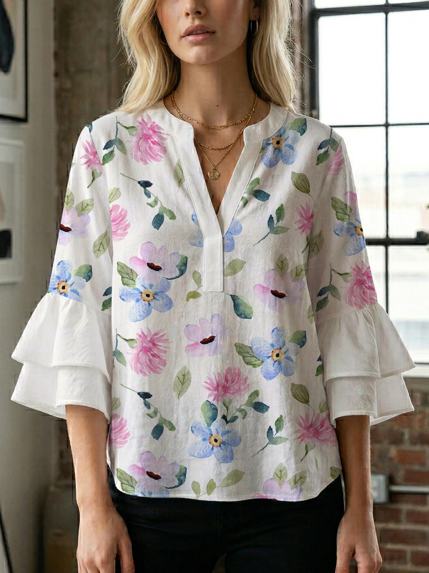 Damen elegantes Blusenshirt mit voluminösen Rüsenärmeln und grafischem Blumendesign R&B - Image 7