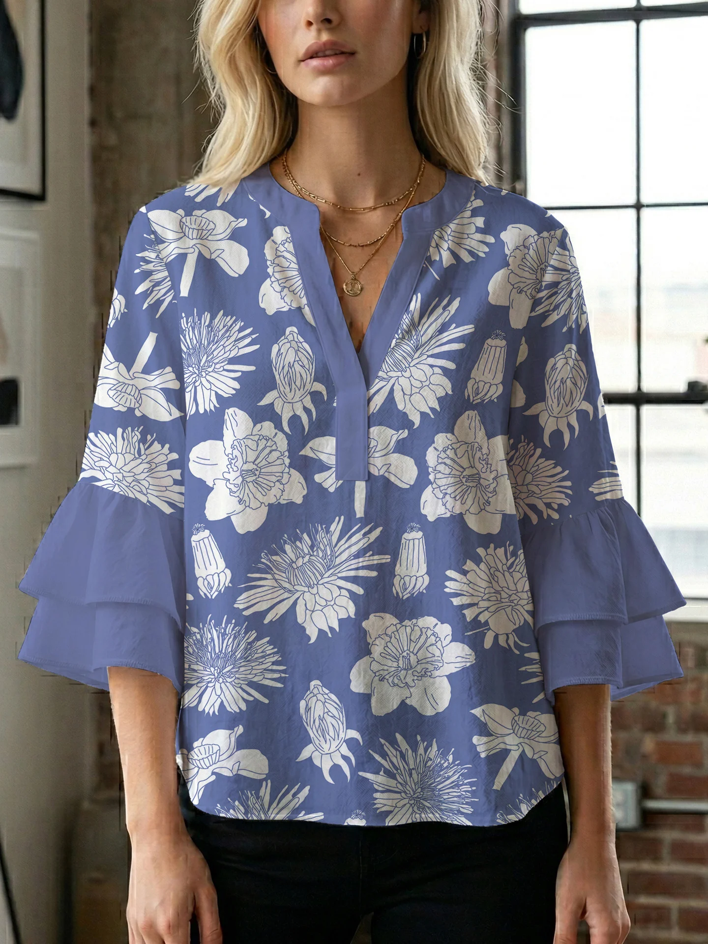 Damen elegantes Blusenshirt mit voluminösen Rüsenärmeln und grafischem Blumendesign R&B - Image 8