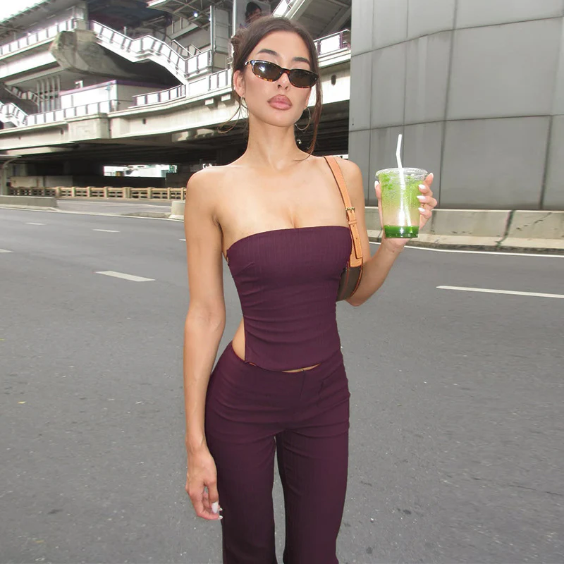 Damen elegantes Bustier-Top mit weitem Bund und ausgestellten Hosen R&B - Image 3