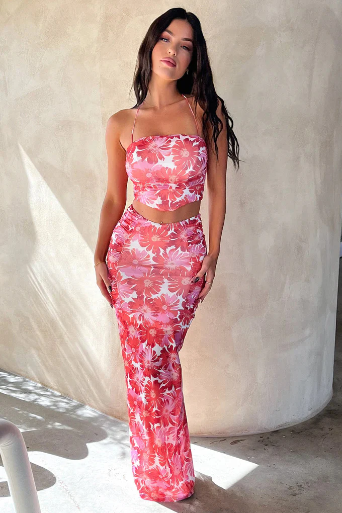 Damen Elegantes Crop-Top und Maxirock-Set mit floralem Design R&B - Image 6