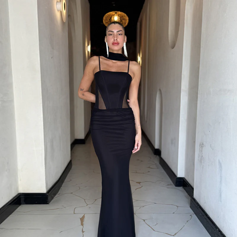 Damen elegantes figurbetontes Maxikleid mit transparenten Einsätzen und stylishem Stehkragen R&B - Image 2