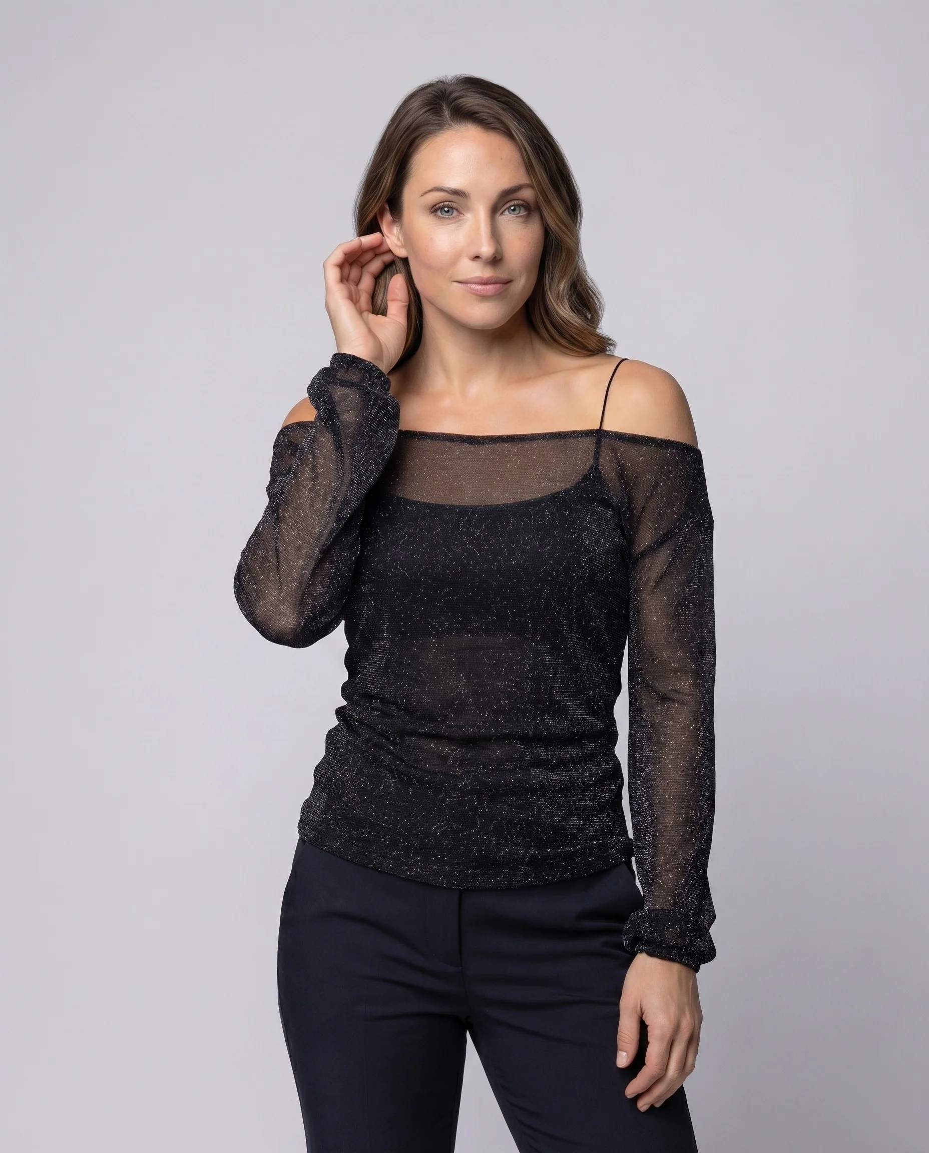 Damen Elegantes, funkelndes Blusenshirt mit transparenten Ärmeln - Image 2