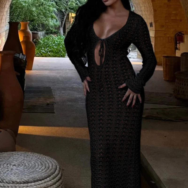 Damen Elegantes gehäkeltes Strandkleid mit tiefem V-Ausschnitt und luftiger Struktur R&B - Image 9