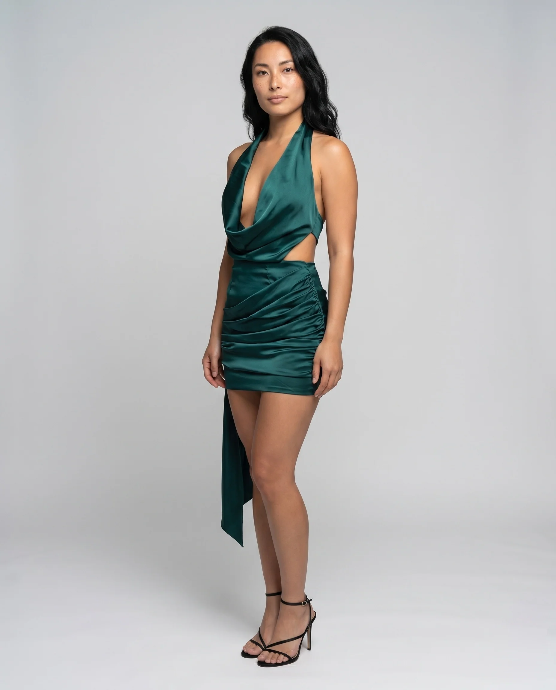 Damen elegantes Halterkleid mit tiefem V-Ausschnitt und Raffungen R&B