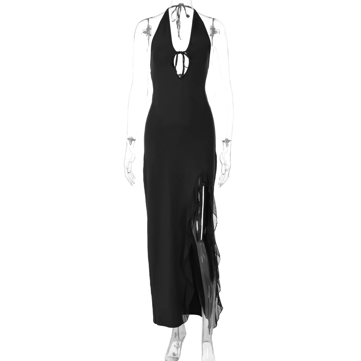 Damen elegantes Halterneck Maxikleid mit seitlichem Rüschen-Schlitz und tiefem V-Ausschnitt R&B - Image 7
