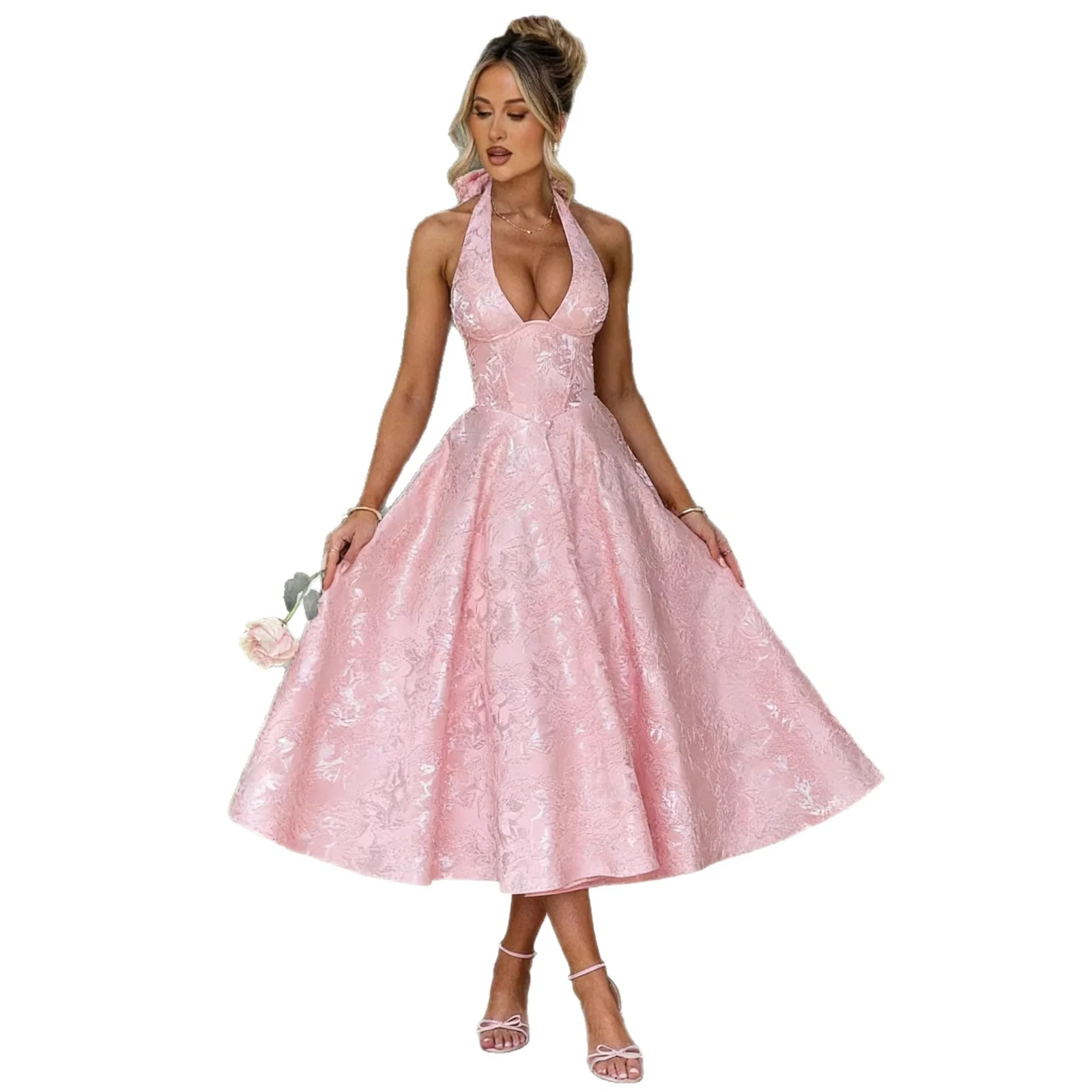 Damen Elegantes Halterneck-Midi-Kleid mit detaillierter Spitzenverarbeitung R&B - Image 5